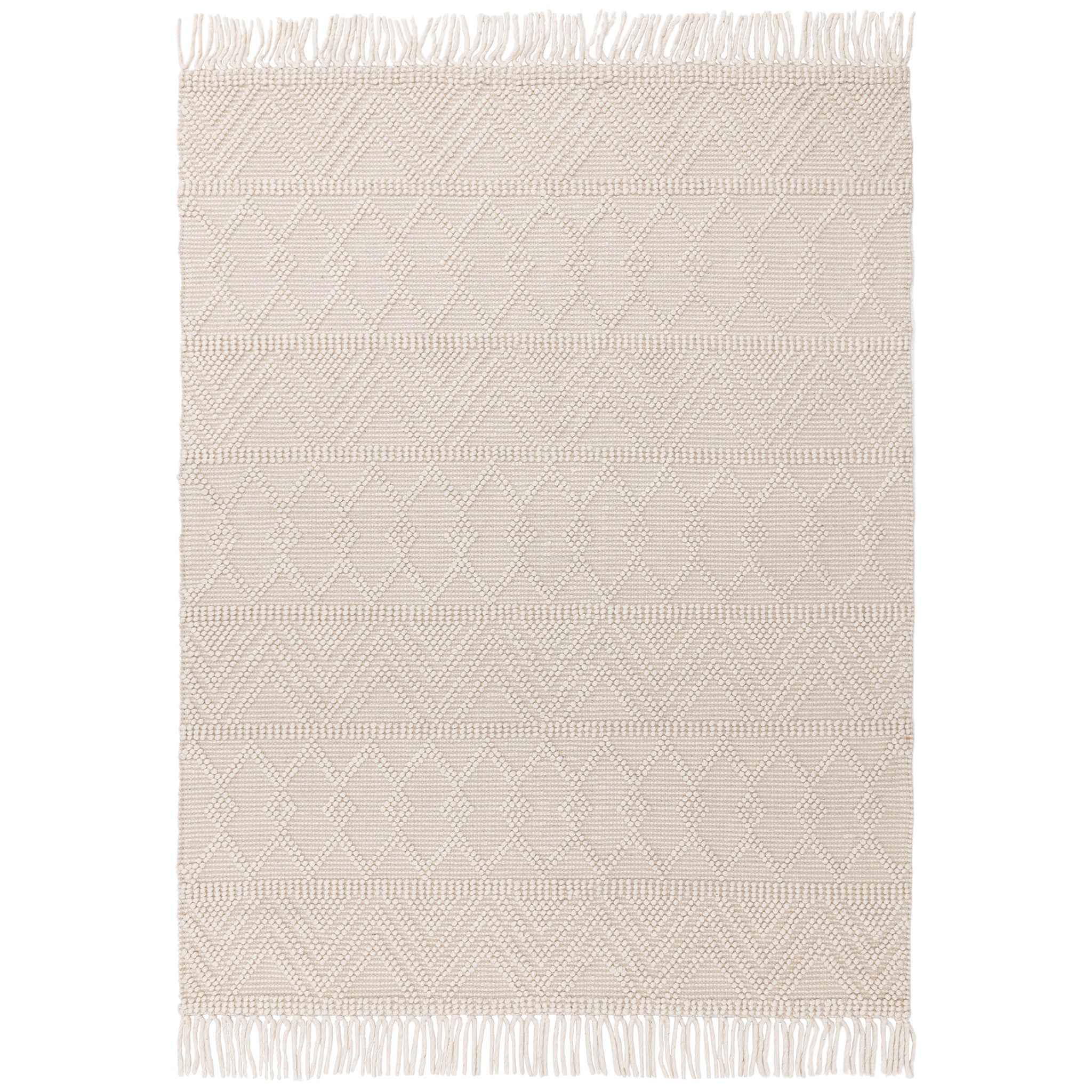 Modern look boho rug, crafted in soft natural weaves in ivory. This rug features a bobble finish and fringe detailing. Size Extra Large. Pile height: 10mm Dimensions: 2000 x 2900 mm 100% Wool Handwoven in India Delivery: 5-7 days